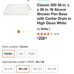 Delta Classic 36" X 36" Shower Base