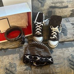 Coach Shoes, Belt, and Beanie