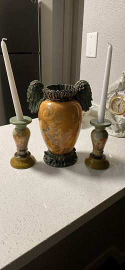 A Beautiful Angel Vase. Three Pieces, The Angel  And 2 Candle Holder Set.