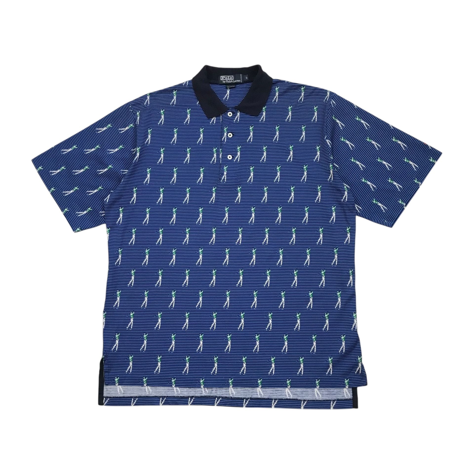 Vintage Ralph Lauren Polo Shirt Mens Large L Blue All Over Print Golf Rugby AOP