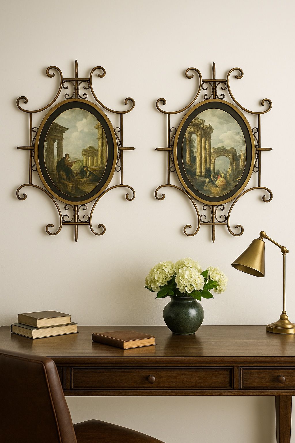 Vintage 1970s 2 Panini Capriccio Wall Art Prints In Ornate Metal Frames, 20x28”