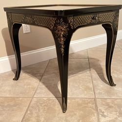 Vintage Drexel Heritage Et Cetera Chinoiserie End Table Black & Burl with Ormolu