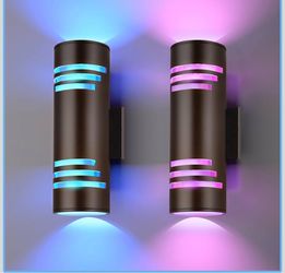 2 Set Modern RGBCW Outdoor Sconce Color Changing, Dimmable Porch Light, Black, 4x4x12 inches, App Control with Remote, Compatible with Alexa Google As