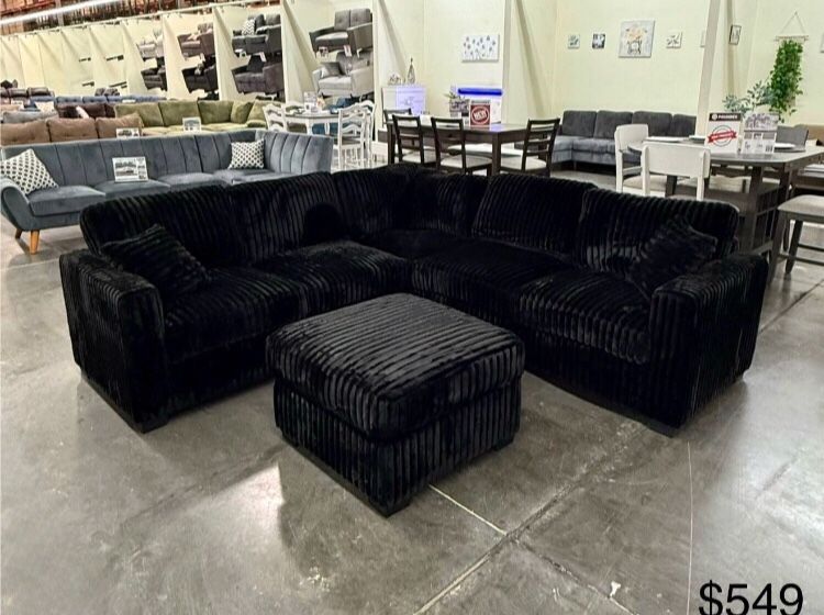 Black Corduroy Sectional Sofa With Ottoman