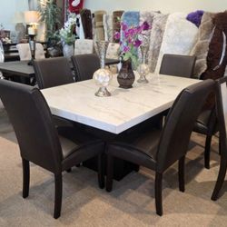 Real Marble Top Table and 6 Leatherette Side Chairs