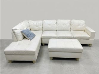 White Leather Sectional Sofa with Ottoman