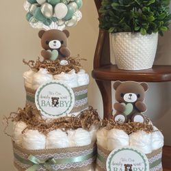 2 NEUTRAL SAGE GREEN We can Bearly Wait baby shower diaper cakes