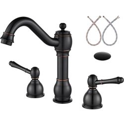 8 Inch Oil Rubbed Bronze Widespread Bathroom Sink Faucet Double Lever Handle 3 Holes Vanity Basin Mixer Tap Deck Mount with Pop Up Drain Assembly