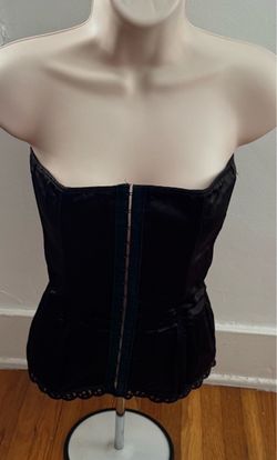 Black strapless satin boned corset with lace trim and pink lining, size XL