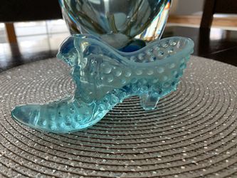 Vintage Fenton Art Glass Blue Hobnail Opalescent Shoe Figurine