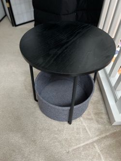 Black Round Side Table with Woven Basket Storage - Modern Accent