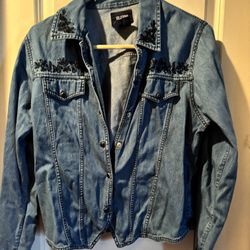 Rare Find Denim Jacket with a Black Embroidered Design by Solutions size M