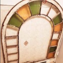 Arch Top  Antique Wooden Window W/ Colored Glass