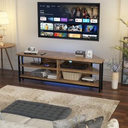 Corner TV Stand with Power Outlet, Corner Entertainment Center TV Console Table with 4 Open 