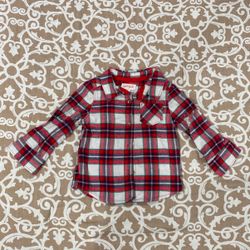 Cat & Jack Brand Red And White Plaid Christmas Button Down Long Sleeve Dress Shirt For Baby Boy Size 12 Month