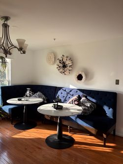 Navy Blue Tufted Corner Banquette Bench with 2 pedestal tables bundle