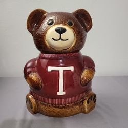 Collegiate "T" Teddy Bear Cookie Jar Ceramic Brown White Maroon Sweater 11.5" (Q