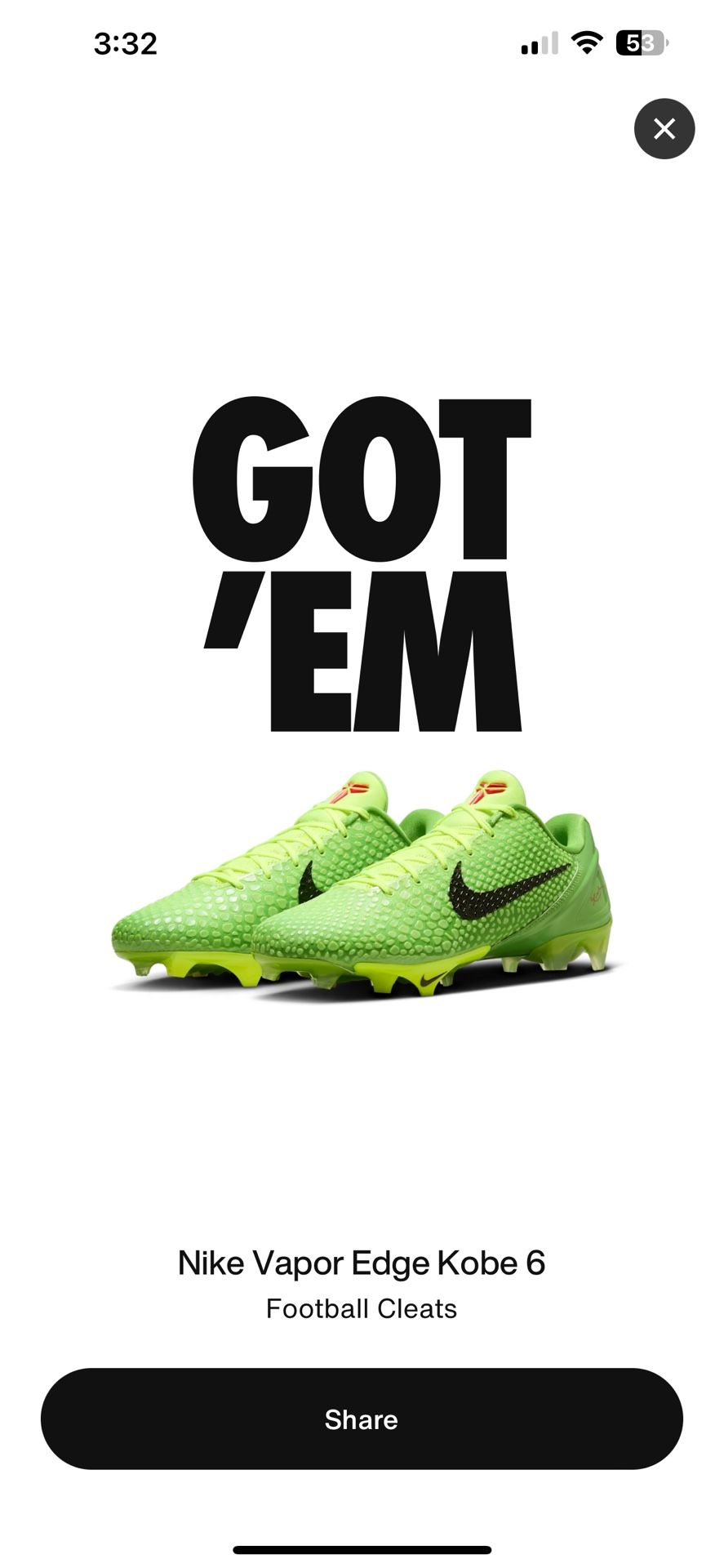 nike vapor edge kobe 6 grinch cleat 11.5 SIZE