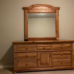 Broyhill Pine Triple Dresser With Mirror