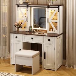 Briarhill 43" Farmhouse Vanity Desk with Lighted Mirror and Storage Stool