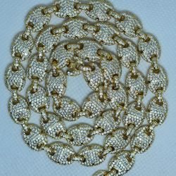 Gold Over 925 Sterling Silver Puff Chain With Genuine Moissanite 22 Inch 10.3 MM 