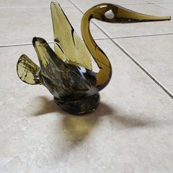 Vintage hand blown glass swan. Olive Green