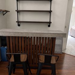 Industrial Home Bar Set – Custom Bar + Wall Liquor Shelves + 2 Bar Stools