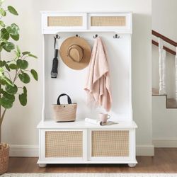 AS IS Some Damaged Assembled New Rattan Mud Room Bench With Storage and Seating Entryway Hall Tree 