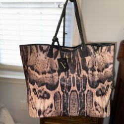FURLA Animal Print Large Tote Shoulder Bag Tan Beige Black