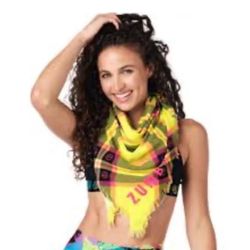 Pre Owned Excellent  Zumba Wear Fitness Oversized Bandana Scarf  Plaid  Fringed Edges Neon Yellow Pink Black 42” x 42” inches 