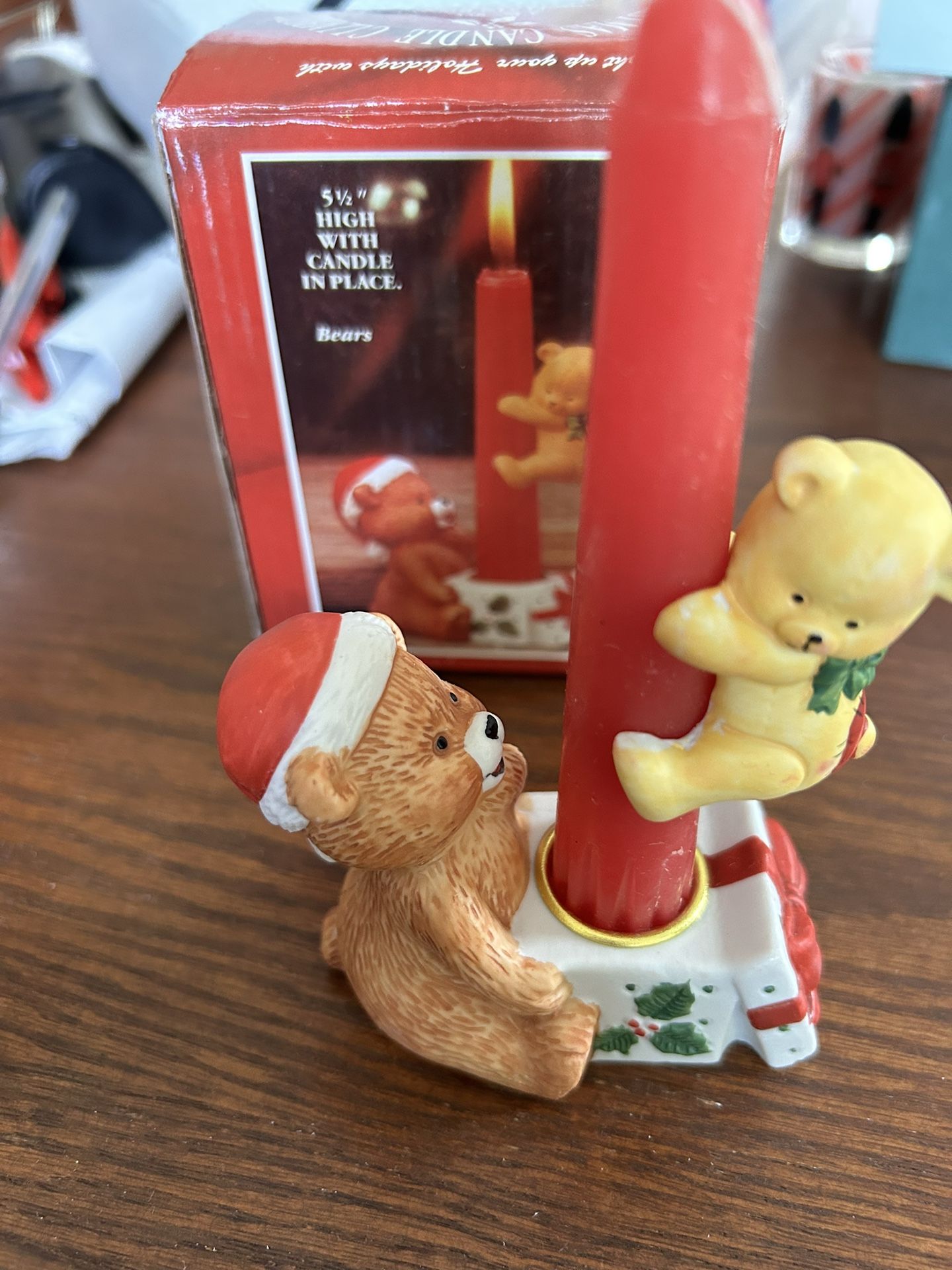 Vntg Porcelain Christmas Bear And Little Bear Climber Candle Holder JSNY #9205B