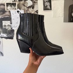Black Leather Western Croc Heel Boots ✨