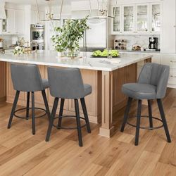 26 in. Dark Gray Modern Faux Leather 360° Swivel High Back Barstool Solid Wood Counter Height stool Set of 3