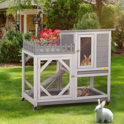 Rabbit Hutch with Balcony and Universal Wheels