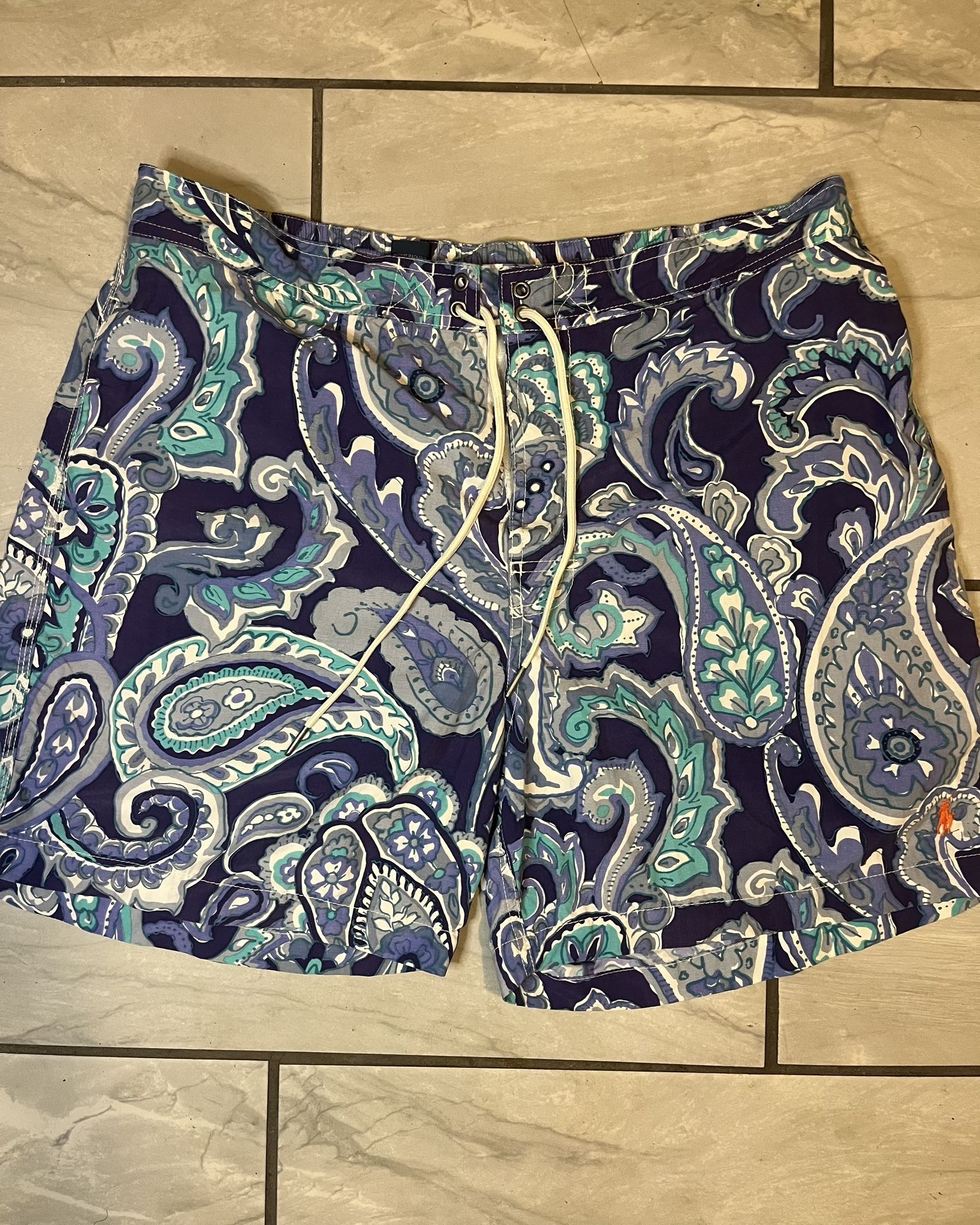 Polo Ralph Lauren Swim Shorts Mens XL Drawstring Blue Paisley All Over Pattern
