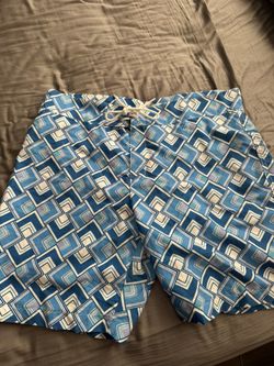 Parke & Ronen Men’s Lined Swim Shorts / Boardshorts. Mens size: 34. Blue/White Pattern. Lined inside. Velcro Closure. 8 inch inseam length 