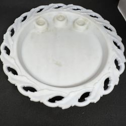VTG Milk Glass 11” Round Candle Plate (3 Holders)With Open Scalloped Edge RARE