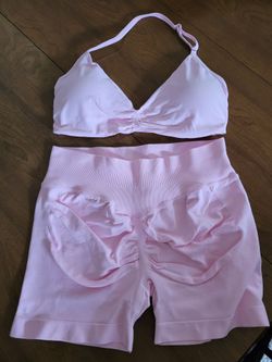 Pink Halter Sports Bra and Biker Shorts Set