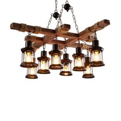 8-Light Rustic Industrial Wood Beam Chandelier