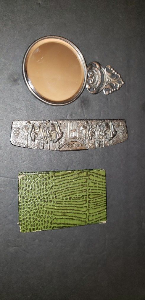 Vintage Denmark Repousse Dresser top Beveled Hand Mirror, Comb, and added travel Mustache Comb Lot