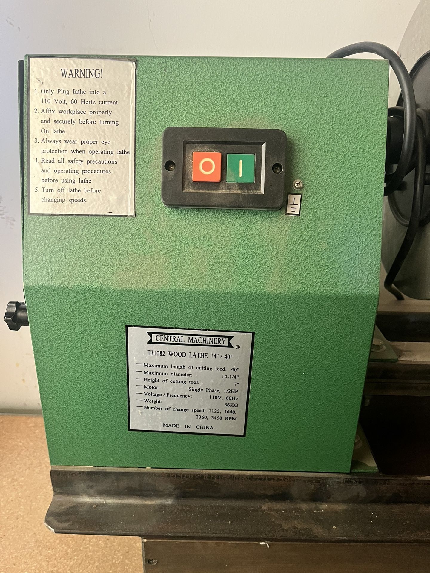 central machinery wood lathe 14”x40”