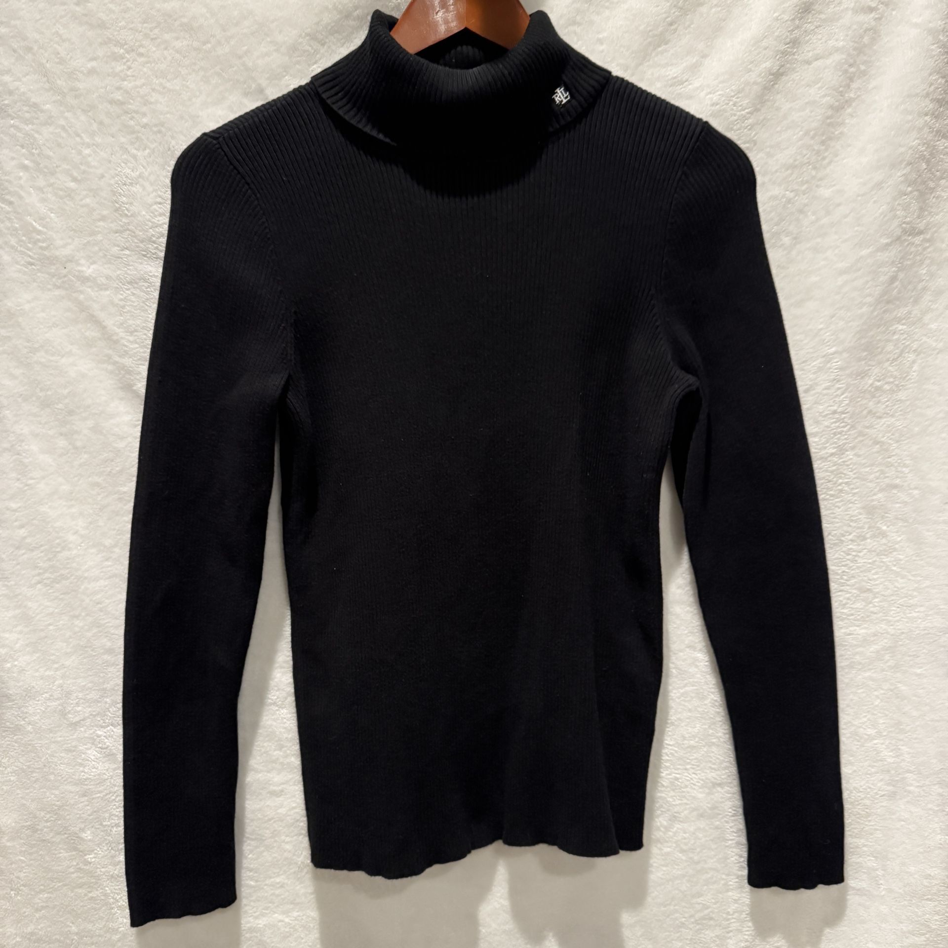 LRL Ralph Lauren Ribbed Turtle Neck Knit Sweater Black Women Embroidered Logo Large 