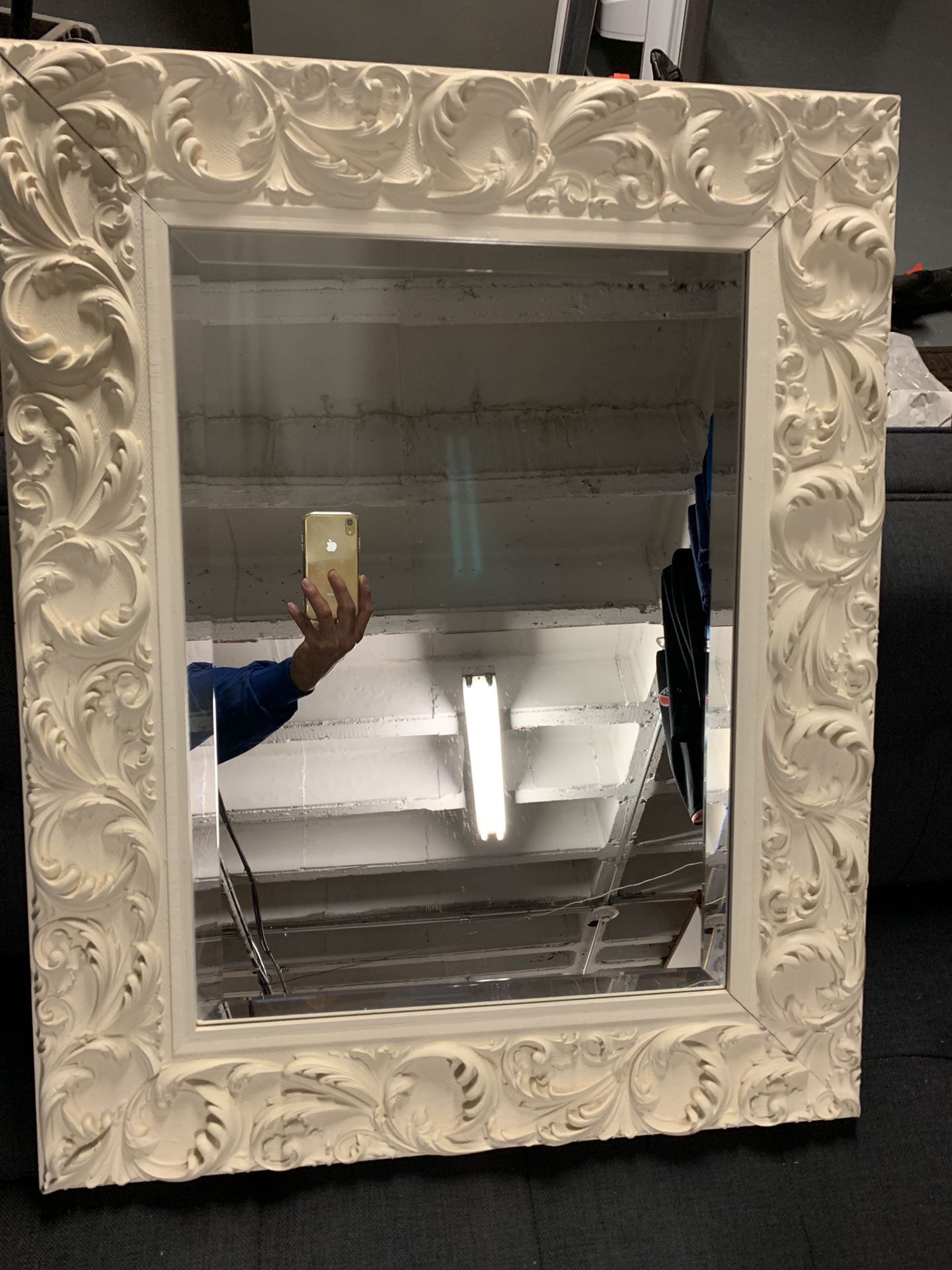 REALLY NICE Ornate White Gloss Baroque Frame Mirror | Aged Luxury | Elegant Rectangle Wall Piece | Vanity, Bedroom, or Bathroom | Hangs Horizontal or