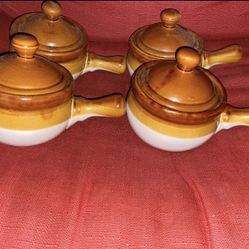 Set Of 4 French Onion Soup Crock Bowls With Handles And Lids