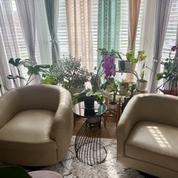 Brand New 2 Pieces Mismatched Upholstered Cream Faux Leather Swivel Barrel Chair Recessed Arms With Solid Wood Base