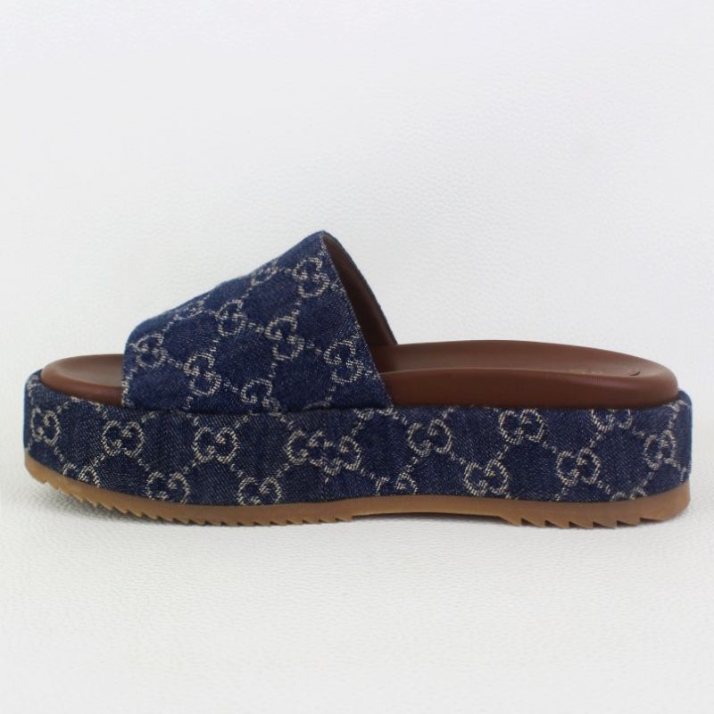 GUCCI Denim GG Monogram Angelina Platform Slide Sandals Blue Tea