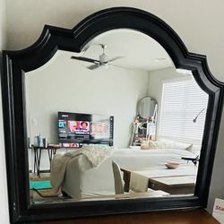 Large Arched Wall Mirror - Black Ornate Frame, 40"H × 46"W