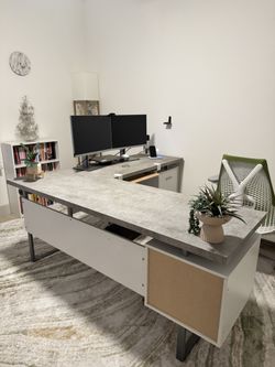 L-Shaped Desk With Drawers And File Cabinet