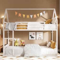 Likimio 40.7-in W White Bunk Bed Frame with Ladder and Guardrail