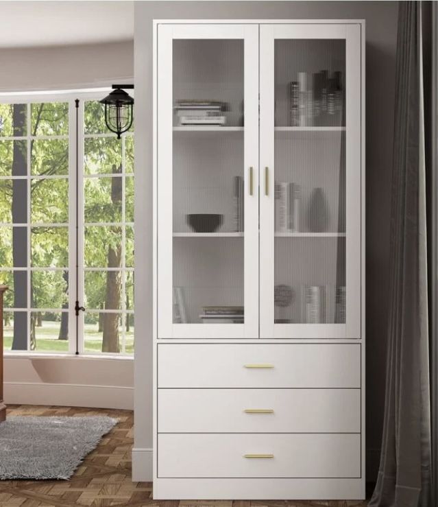 Storage Cabinet with Frosted Acrylic Doors and Shelves with 3 drawers,Trophy Cabinet Garage Cabinet Curio Cabinet,White